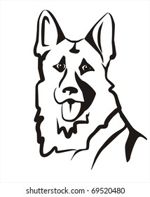 German Shepard Vector Illustration, Portrait  Sketch In Black Lines