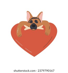 German shepherd with bone in mouth. Cute sheepdog with hanging paws lying on red heart shape. European breed puppy portrait. Dog color silhouette isolated. Doggie hand drawn flat vector illustration