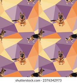 German shepherd Breed dogs on a mosaic geometric background. Warm palette colors, vibrant colors palette. Simple, clean, modern texture. Geometric, polygon style. Summer seamless geometric.
