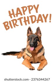 German shepherd Breed Happy birthday card. Card with a dog and text, holiday design. Present for a dog lover. Funny cartoon dog breed illustration. Minimalistic birthday card with dog. Fun present.