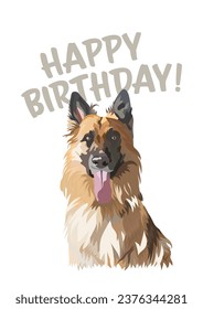 German shepherd Breed Happy birthday card. Card with a dog and text, holiday design. Present for a dog lover. Funny cartoon dog breed illustration. Minimalistic birthday card with spaniel. Fun present