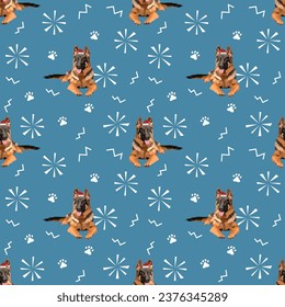 German shepherd Breed. Merry Christmas seamless pattern with dogs in hats and paws, holiday texture. Square format, poster, packaging, textile, wrapping paper. Trendy hand-drawn winter design.