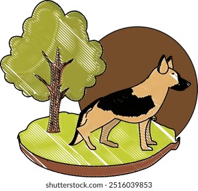 German Shepherd circle behind the dog standing next to the trees in the forest drawing digital art