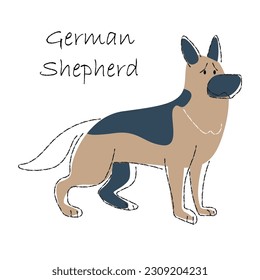 German Shepherd . Cute dog cartoon characters . Flat shape and line stroke design . Vector illustration .