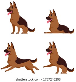 German shepherd in different poses. Beautiful dog in cartoon style.