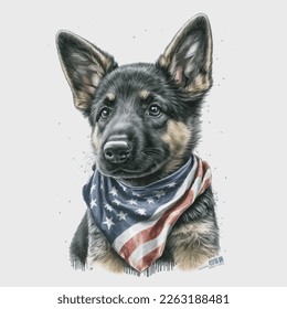 German Shepherd Dog American Flag Vector Illustration Tshirt Design Logo Icon Greeting Card Postcard