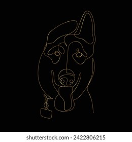 German Shepherd dog. For animal lovers, enthusiasts and various design projects. Head line art vector illustration. Black and gold. Portrait. Isolated on black. Logo. Wall art. Tattoo. T shirt. Mug. 