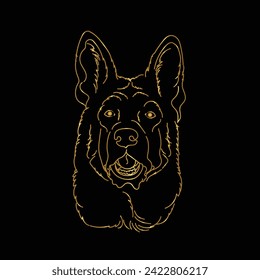 German Shepherd dog. For animal lovers, enthusiasts and various design projects. Head line art vector illustration. Black and gold. Portrait. Isolated on black. Logo. Wall art. Tattoo. T shirt. Mug. 