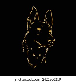 German Shepherd dog. For animal lovers, enthusiasts and various design projects. Head line art vector illustration. Black and gold. Portrait. Isolated on black. Logo. Wall art. Tattoo. T shirt. Mug. 