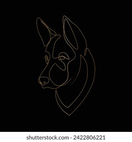 German Shepherd dog. For animal lovers, enthusiasts and various design projects. Head line art vector illustration. Black and gold. Portrait. Isolated on black. Logo. Wall art. Tattoo. T shirt. Mug. 