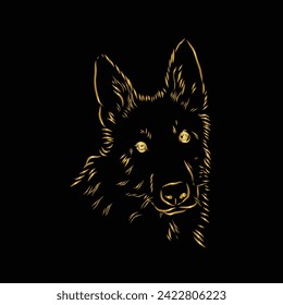 German Shepherd dog. For animal lovers, enthusiasts and various design projects. Head line art vector illustration. Black and gold. Portrait. Isolated on black. Logo. Wall art. Tattoo. T shirt. Mug. 