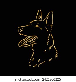 German Shepherd dog. For animal lovers, enthusiasts and various design projects. Head line art vector illustration. Black and gold. Portrait. Isolated on black. Logo. Wall art. Tattoo. T shirt. Mug. 