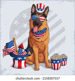 German Shepherd dog breed in 4th of July disguise wearing Uncle Sam hat with USA flag and fireworks 