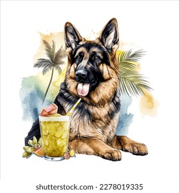 german shepherd dog breed, summer vibes, beach and palm tree, Pineapple and Lemon Juice, isolated in white background, watercolor vector for tshirt, mug, tumbler, sticker, sublimation