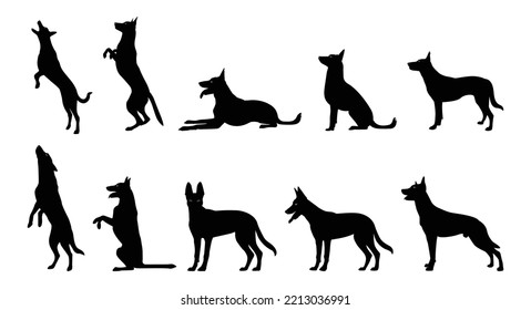 ilustración vectorial de raza de perro pastor alemán. Una silueta animal detallada de un perro mascota. Para los amantes de los shephard en todas partes. Silueta negra de altura completa de un perro.