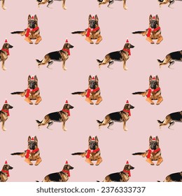 german shepherd dog Christmas seamless pattern. Repeatable winter background. Happy Howlidays Dog Christmas Card for dog lovers. Abstract texture with dog in Santa hat and scarf. Cartoon style.