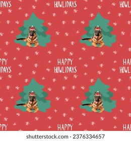 german shepherd dog Christmas seamless pattern. Popular repeatable winter background. Happy Howlidays Dog Christmas Card for dog lovers. Abstract texture with dog, tree, snowflakes. Cartoon style.