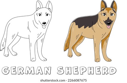 German shepherd dog cute cartoon vector outline illustration isolated on white background.