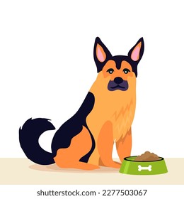 German shepherd dog eating dog food from metal bowl. For shephard lovers every where. International Pet day. Vector.