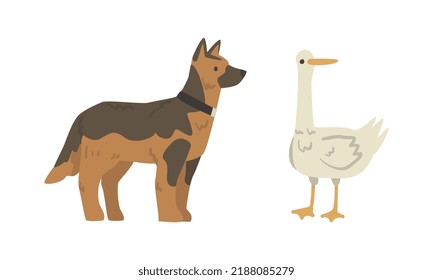 German Shepherd Dog and Goose as Farm Animal Vector Set