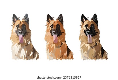 german shepherd dog head. Cute profile logo design, popular colors, breed pet character postcard art. Funny dog mascot. Detailed brown illustration. Cartoonish style shepherd pet, smiling head.