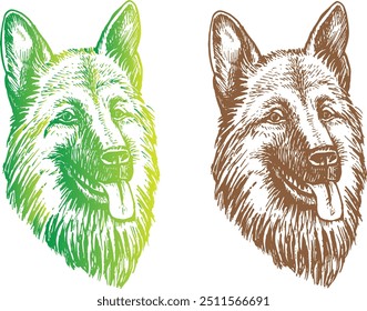 German shepherd dog head drawing line coffee color and colorful art set premium quality image