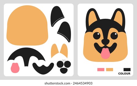 German Shepherd dog head pattern for kids crafts or paper crafts. Vector illustration of dog puzzle. cut and glue patterns for children's crafts.