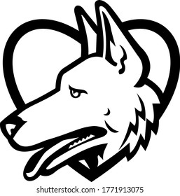 German Shepherd Dog Head Side View Inside Heart Black and White