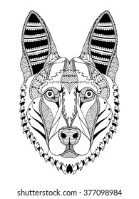 German shepherd dog head zentangle stylized, vector, illustration, freehand pencil, hand drawn, pattern. Zen art. Ornate vector. Lace. Coloring.