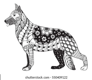 German shepherd dog head zentangle stylized, vector, illustration, freehand pencil, hand drawn, pattern. Zen art. Ornate vector. Lace. Coloring.