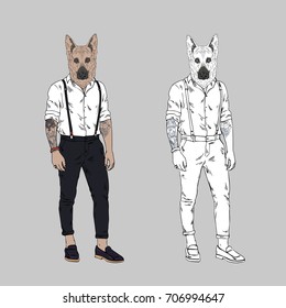 German Shepherd dog hipster, furry art illustration, fashion animals