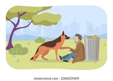 German shepherd dog and homeless man vector illustration. Poor man sitting next to trash bin in park and greeting pet. Animal, friendship, help, poverty concept