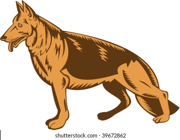 German shepherd dog illustration done in retro woodcut style