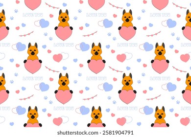 German shepherd dog in love and hearts. Seamless pattern for Valentines day. Festive design for wrapping paper, fabric, wallpaper, cards. Vector illustration