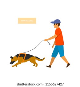 german shepherd dog and a man exercising mantrailing vector illustration graphic scene