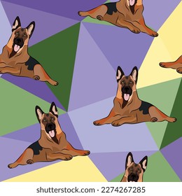 German Shepherd dog on a mosaic geometric background. Funky, colorful vibe, rainbow colors palette. Simple, clean, modern texture. Geometric, polygon style. Summer seamless pattern with dogs.Triangles