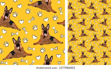 German Shepherd dog on a playful yellow background with bones and paws. Funky, colorful vibe, vibrant palette. Simple, clean, modern texture. Summer seamless pattern with dogs. Birthday present. Love