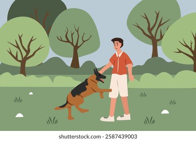 German shepherd dog in the park. Man Playing with His Dog in the Park. People with animal. People with german shepherd. 