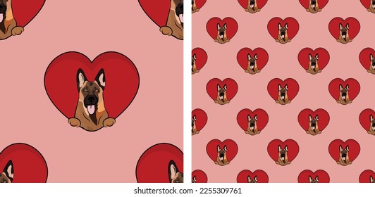 El perro pastor alemán con un patrón de garras, fondo de fondo del corazón del día de San Valentín. Amar el corazón con la textura de las vacaciones de la cabeza de mascota. Cara de perro sosteniendo el fondo cuadrado de la caricatura del corazón. Este artículo del Día de San Valentín.