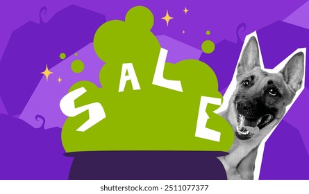 German Shepherd dog peeking with the word SALE written i spooky font, Halloween-themed shopping atmosphere. Vector illustration. Concept of shopping, Black Friday, Cyber Monday, sales. Banner