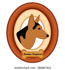 German Shepherd Dog Portrait, cherry wood frame with mat, dog bone treat tag, isolated on white background. EPS8 compatible.