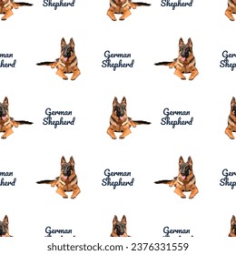 German shepherd dog portrait seamless pattern. Hand-drawn dog on a repeatable white background. Cute abstract texture with sitting happy dog Drawing. Cartoon style. Popular character. Birthday present