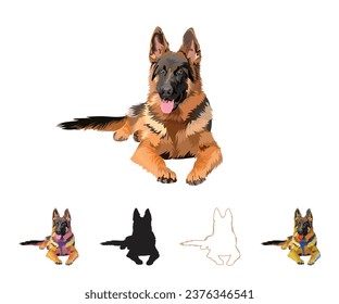 German shepherd dog portrait. Sticker on a white background. Cute detailed spaniel with tongue Drawing. Cartoon style. Popular character. Black stroke, dog outlines. Black silhouette. Flat style. 