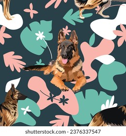 German shepherd dog repetitive pattern. Hand-drawn icons, Simple dog, wallpaper with leaves, palms, flowers, and plants. Birthday fabric. Birthday card, creative concept, fashion doggy  abstract art.