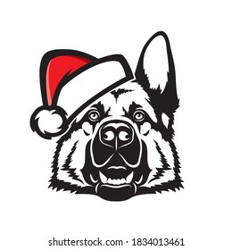 German Shepherd dog with santa claus hat isolated outlined vector illustration