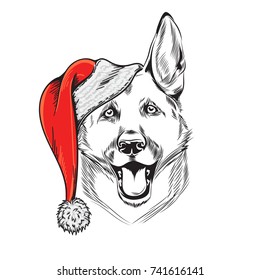 German Shepherd dog in Santa Claus hat illustration