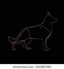 German Shepherd dog sketch. For animal lovers, enthusiasts and various design projects. Line art vector illustration. Black and gold. Isolated on black. Logo. Wall art. Tattoo. T shirt. Mug. Banner. 
