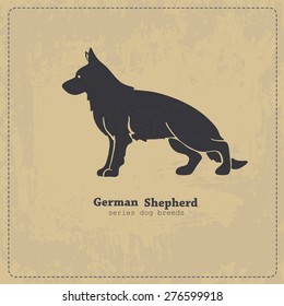 German shepherd dog standing in profile stylized silhouette on shabby vintage background. All objects are conveniently grouped on different layers.