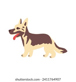 Perro pastor alemán pegando la caricatura vectorial de la lengua fuera ilustración plana aislada en fondo blanco, adorable tierno signo colorido doggy para el diseño de viajes, creación del alfabeto zoológico, animal bebé