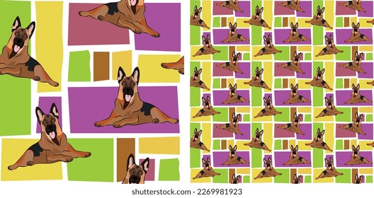 German Shepherd dog summer bright wallpaper. Holiday abstract shapes square seamless background, repeatable pattern. Birthday wallpaper, Christmas present, print tiles. Simple puzzle with dogs, pet.